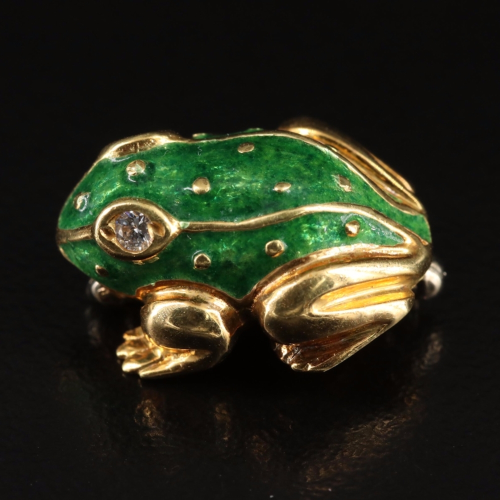 18k Gold and Green Frog Brooch With Diamonds